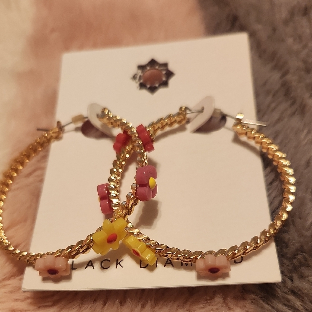 Gold and Pink Flower Hoop Earrings